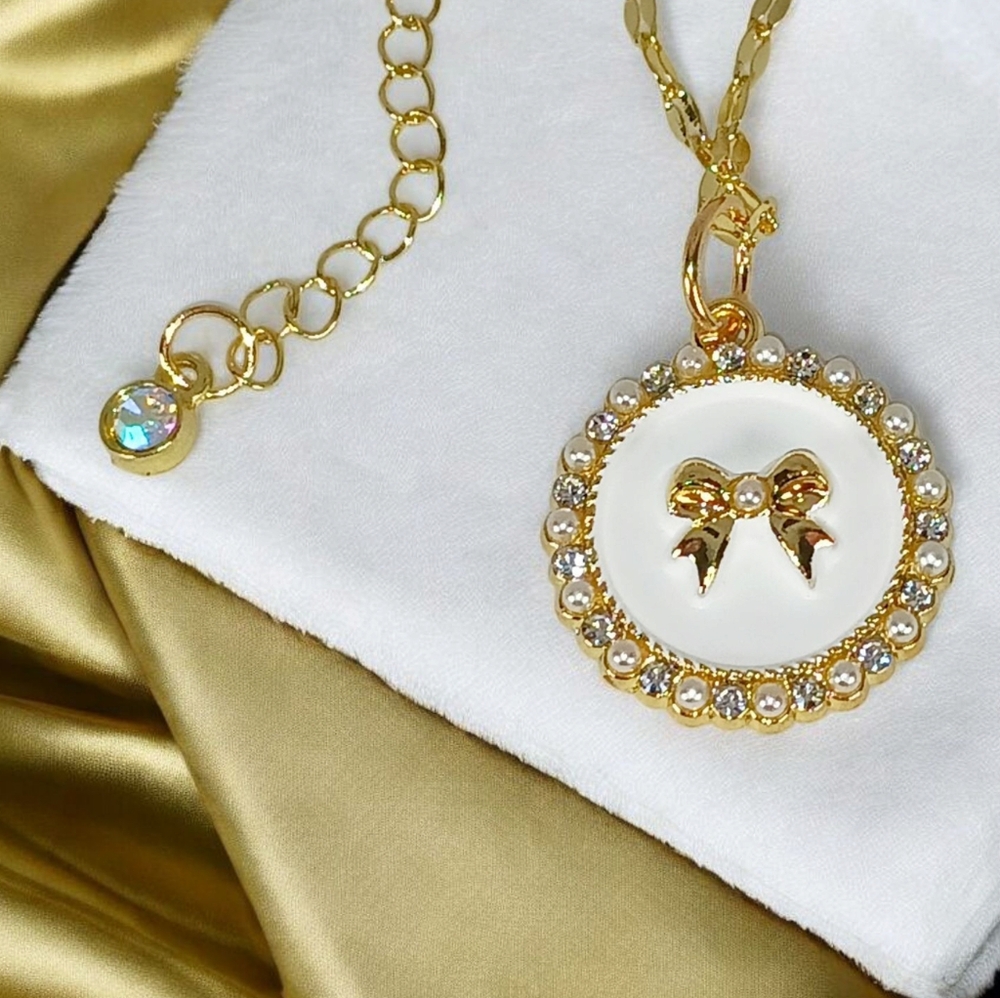 Gold Coin Medallion Necklace White Enamel Gold Bow Pendant Coquette Girl Preppy